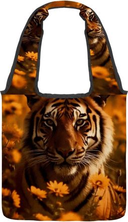 Generic Sunflower Tiger Reversible Canvas Shoulder Tote - Double-Sided Print, 12oz Cotton, 27cm Drop, Fold-Flat Bag for Travel, Shopping, Street Outings