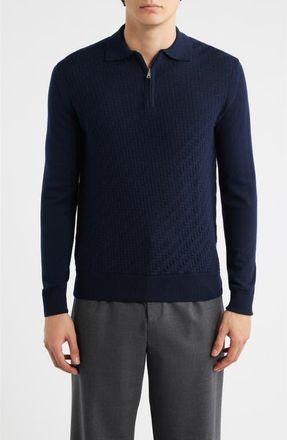 Aur&eacute;lien Basket Weave Stitch Long Sleeve Cashwool Quarter Zip Polo Sweater in Navy at Nordstrom, Size Xx-Large