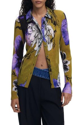 Desigual Pliss&eacute; Button-Up Shirt in Olive Green at Nordstrom, Size Small