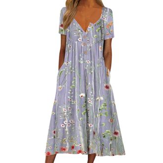 Generic Floral Print Midi Dresses for Women UK Short Sleeve V Neck Button Summer Dress with Pockets Comfy Lounge T Shirts Beach Holiday Sundress Plus Size Ele