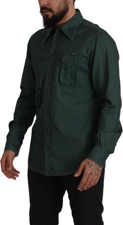 Dolce & Gabbana Mens Dark Green Button Down Long Sleeves Shirt Flax