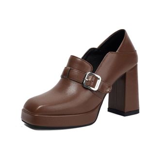 Generic Womens High Heeled Dress Shoes Comfort Slip on Formal Shoes with Buckle Square Toe PU Leather Platform Loafers,Brown,2.5 UK