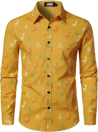 JOGAL Mens Fun Christmas Print Santa Claus Shirts Long Sleeve Button Up Dress Shirts Yellow 3X-Large