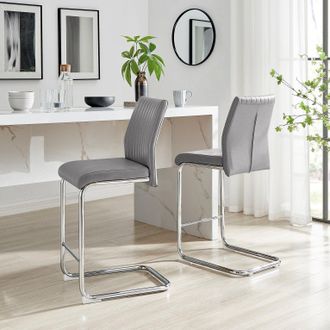 Furniturebox Lorenzo 2x Faux Leather & Silver Counter Stools in Grey