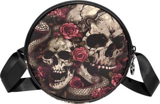 Generic Circle Crossbody Bag for Women, Skulls Snake Roses Small Sling Bag Daypack with Zipper Adjustable Shoulder Straps Casual Ladies Girls Round Purse