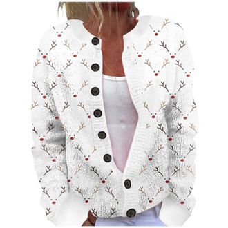 Generic Christmas Cardigan Sweaters for Women UK Print Long Sleeve V-Neck Sweaters Chunky Button Down Loose Fit Festive Jacket Oversized Cardigan Sweaters for