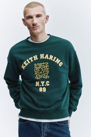 H&M Oversized Fit Printed Sweatshirt in Green/keith Haring at Nordstrom, Size Xx-Large