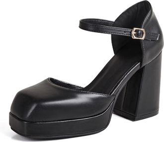 Generic Qynthra Womens Block Heel Shoes Chunky Platform Ankle Strap Square Toe Mary Jane Comfort Pumps Supportive Work Heels for Long Walking and Daily Wear,B