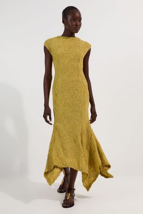 Karen Millen Womens Petite Textured Hanky Hem Short Sleeve Trim Detail Jersey Maxi Dress - Yellow - Size X-Small