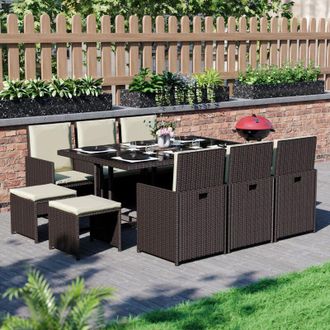 Home Discount Cuba Rattan Garden Furniture 10 Seater Folding Dining Set Outdoor Table & Chairs, Brown-No-Cover