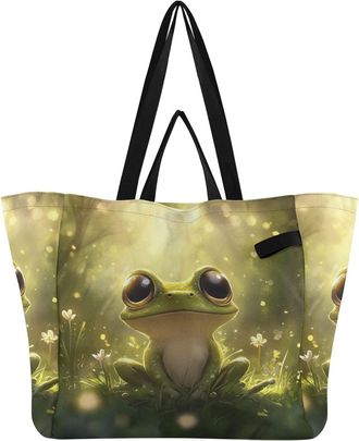 Generic Green Frog Flowers pattern Reusable Canvas Tote Bag, Heavy Duty Grocery Shopping Bag with Double Handles Hard Bottom Large Capacity Work Groceries Tra