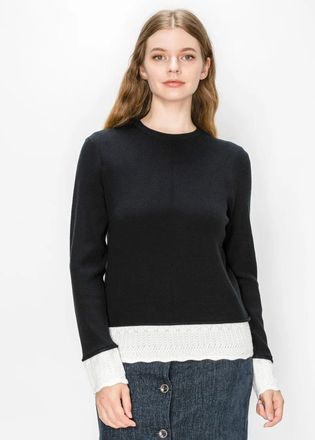 YAL New York Black Crewneck Sweater with Scalloped Hem