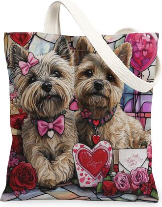 Generic Valentines Day Cockapoo Dog Canvas Tote Bag for Shopping 13x15, Stained Glass Puppy Reusable Grocery Print Bag for Women, Couple Beach Aesthetic Paint