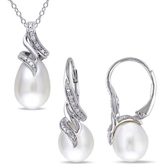 Delmar Cultured Freshwater Pearl & Diamond Necklace & Drop Earrings Set - 0.09ct. in White at Nordstrom Rack