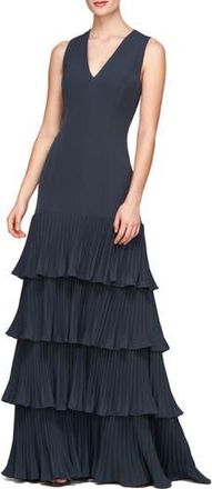 Kay Unger Angelique Pleated Tiered Sleeveless Gown in French Navy at Nordstrom Rack, Size 14