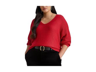 Lauren Ralph Lauren Plus Size Rib-Knit Dolman-Sleeve Sweater Womens Sweater Ralph Red : 1X, Cotton/Viscose
