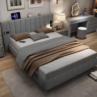 Matteo Upholstered Bed, Adults Teenagers King Size With Stereo, 3 Type A +1 Type C in Grey | Size: Double