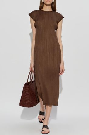 Pleats Please Issey Miyake Sleeveless Pleated Dress, Womens, Brown