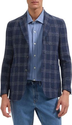 Bugatchi Windowpane Check Cotton & Linen Blend Blazer in Navy at Nordstrom, Size 46