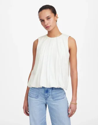 Madewell Bubble Top Womens White 100% Coton Pleated Sleeveless Blouse DDR2194