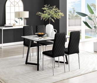 Furniturebox Carson White Marble Effect Dining Table & 4 Velvet Milan Chairs in Black