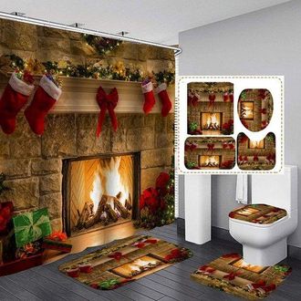 No Brand Juego De Cortina De Ducha De 4 Piezas Con &Aacute;rbol De Navidad Y Calcetines Navide&ntilde;os, Cortina Impermeable Con 2 Alfombrillas De Ba&ntilde;o Y Art&iacute;culos De Aseo 