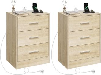 Woltu Woltu 2 Mesitas De Noche Modernas Para Dormitorio O Habitaci&oacute;n Infantil Con Estaci&oacute;n De Carga Y 3 Cajones - Roble Claro