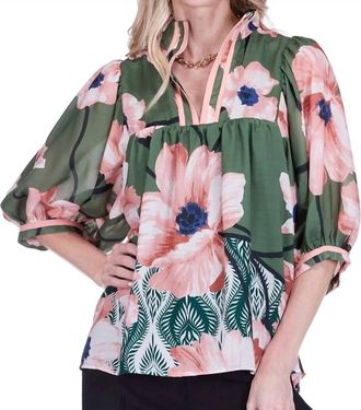 Jade Yoga Stand Collar Puff Sleeve Top In Olive Bloom
