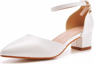 Generic White,7.5 UK,Womens Block Chunky Heels Sandals Comfortable Pointed Closed Toe Pumps Ankle Strap Wedding Bridal Party Comfort Low Heel Dress Shoes