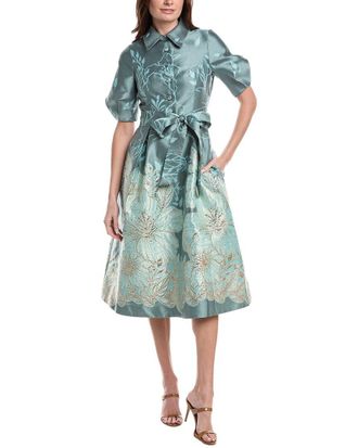 Teri Jon by Rickie Freeman Teri Jon By Rickie Freeman Metallic Jacquard Flower Border Print Puff Sleeve Dress