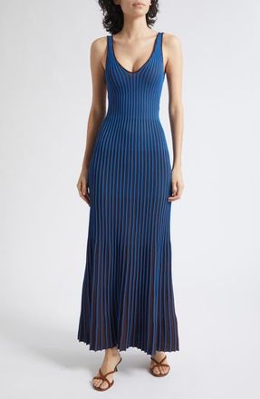 Staud Claretta Stripe Sleeveless Maxi Dress in Espresso/cobalt at Nordstrom, Size X-Small