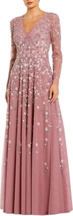 Mac Duggal Embellished Wrap Over Illusion Long Sleeve A Line Gown in Berry at Nordstrom, Size 10
