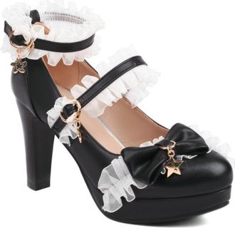 Generic Womens Lolita Style Block Heel Pumps - Bow & Star Charm Double Ankle Strap Lace Party Shoes,Black,5.5 UK