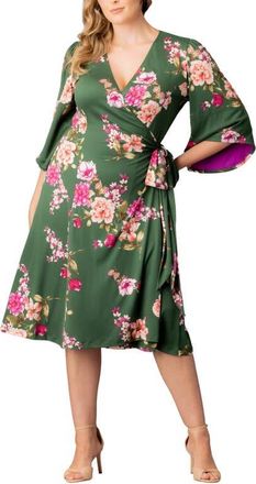 Kiyonna Gemini Floral Bell Sleeve Wrap Dress in Green Floral Print at Nordstrom, Size 3X