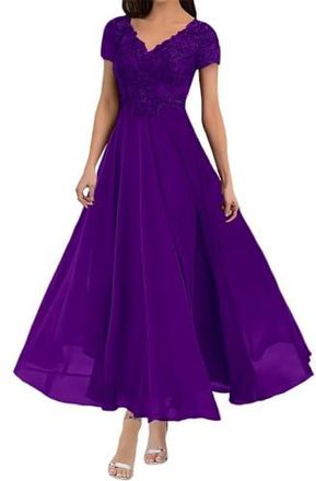 Robe Mère De La Mariée En Mousseline Avec Appliqués - Col V Manches Courtes | Soirée Formelle
