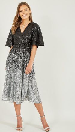 Yumi Womens Black And Silver Ombre Sequin Midi Wrap Dress - Size 10 UK