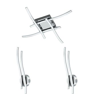 Loops Low Ceiling Light & 2x Matching Wall Lights Chrome Square Multi Arm LED Strip