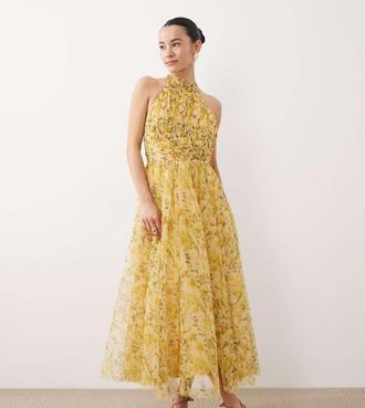 Lace & Beads Petite Vera - Vestito midi accollato in tulle giallo a fiori