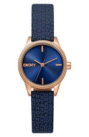 DKNY L 113 Leather Strap Watch in Dark Blue at Nordstrom