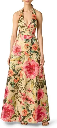 Aidan Mattox Metallic Floral Jacquard Halter Neck Gown in Pink Multi at Nordstrom, Size 14