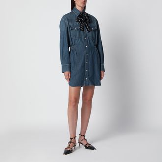 Valentino Abito blu medio in denim con sciarpina a pois