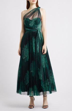 Hutch Philippa One-Shoulder Gown in Forest Tonal Sketched Floral at Nordstrom, Size 14