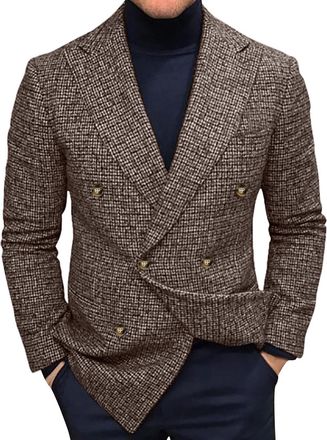 Generic MenS Double-Breasted Tweed Blazer, Formal Check Pattern Suit Jacket, Classic Fit Business Blazer For Men, Vintage Style Casual Blazer Coat, Retro Herr