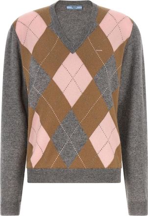 Prada Grey Checks V Neck Sweater