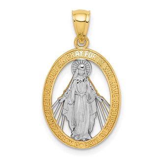 Diamond2Deal 14k Yellow Gold and White Rhodium Cut-out Miraculous Medal Oval Pendant