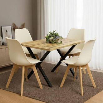 Kosy Koala Dining Table Set of 4 Cream Plastic Chairs with Faux Leather Seats in Brown