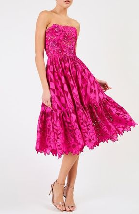 Helsi Candace Floral Cutwork Detail Strapless Cocktail Dress in Fuchsia at Nordstrom, Size Large