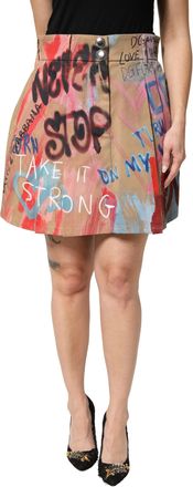 Dolce & Gabbana Womens Beige Graffiti Print Cotton Blend Mini Skirt Polyester