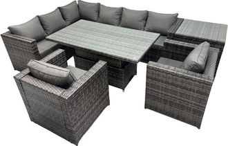 Fimous Fimous 8-seater Height Adjustable Rising Lifting Table Corner Sofa Set Rattan Garden Furniture Dining Set with Side Table Dark Grey Mixed