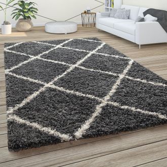 Paco Home Paco Home - Alfombra De Pelo Largo, Suave Sal&oacute;n Shaggy Estilo Escandinavo Motivo De Rombos Antracita, 240x340 Cm